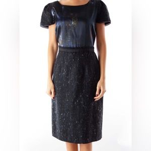 Elie Tahari Blue Watercolor Silk Charmeuse Wool Alpaca Tweed Dress 4